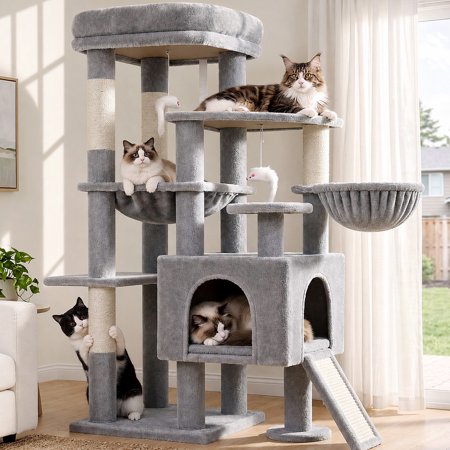Globlazer S51 Sturdy Cat Tree for Indoor Large Cats, Light Grey