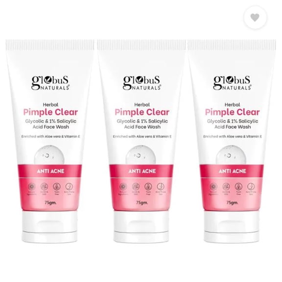 Globus Naturals Herbal Pimple Clear Glycolic & 1% Salicylic Acid , Set of 3 Face Wash ( Each 75gm)