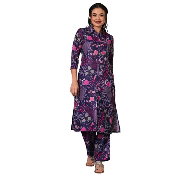 Globus Women Abstract Printed Shirt Collar Calf Length Straight Kurta & Pants Fusion Set