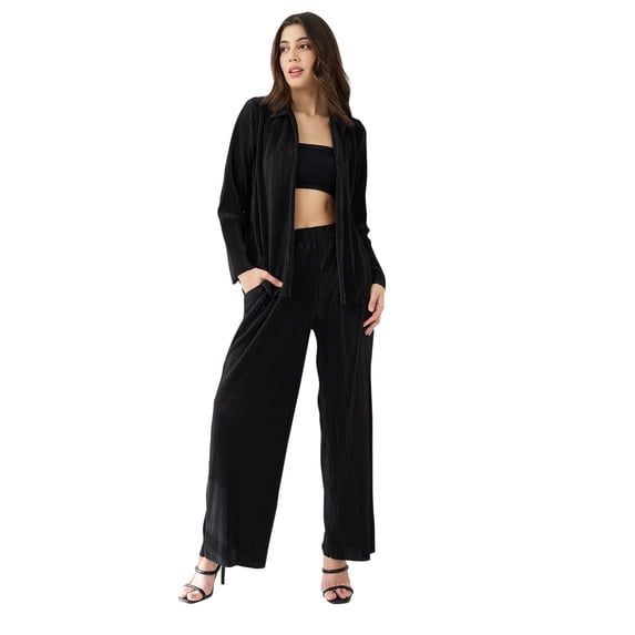 Globus Women Accordion Pleats Shirt With Elasticated Wide-Leg Trousers Plisse Co-Ord Set