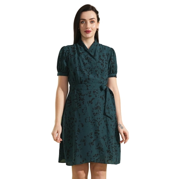 Globus Women Animal Printed Puff Sleeves Waist Tie-Up Wrap Dress With Belt