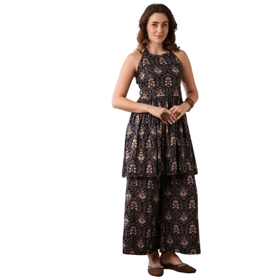 Globus Women Black Floral Printed Halter Neck Tunic & Palazzo