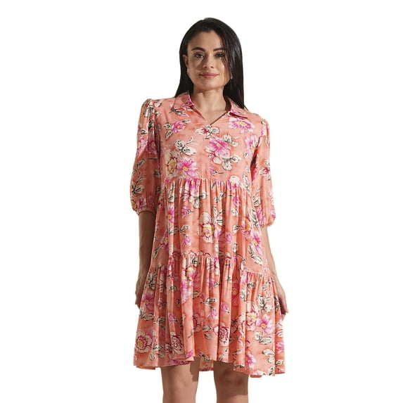 Globus Women Floral Print Shirt Collar Puff Sleeves Tiered Knee Length Fusion Dress