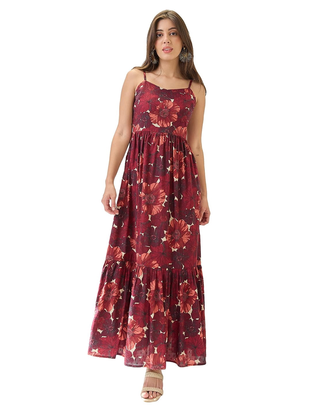 Globus Women Floral Printed VNeck Strappy Sleeves Tiered Fit & Flare — free download