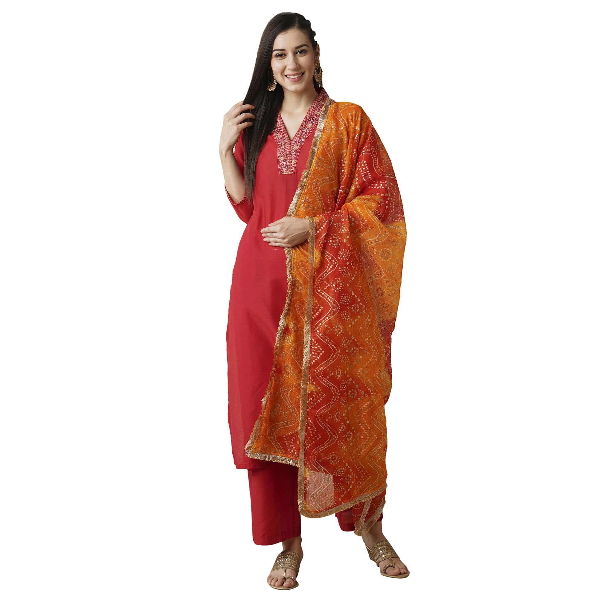 Burgundy Embroidered Regular Thread Work Straight Kurta With Trousers & Dupatta