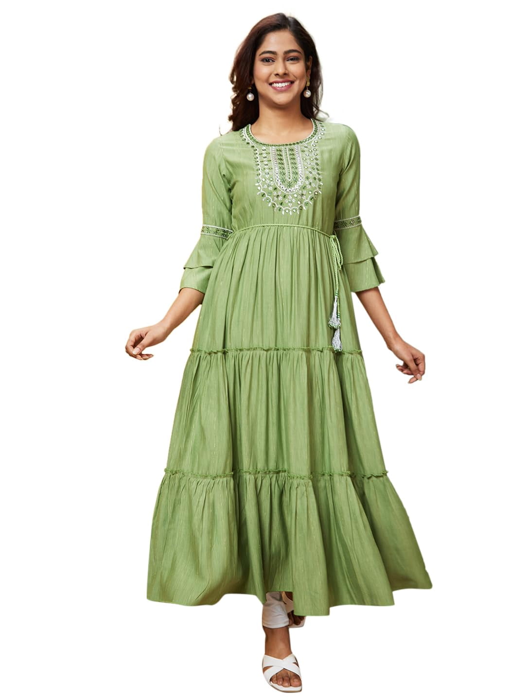 Women's Green Embroidered A-Line Kurtas