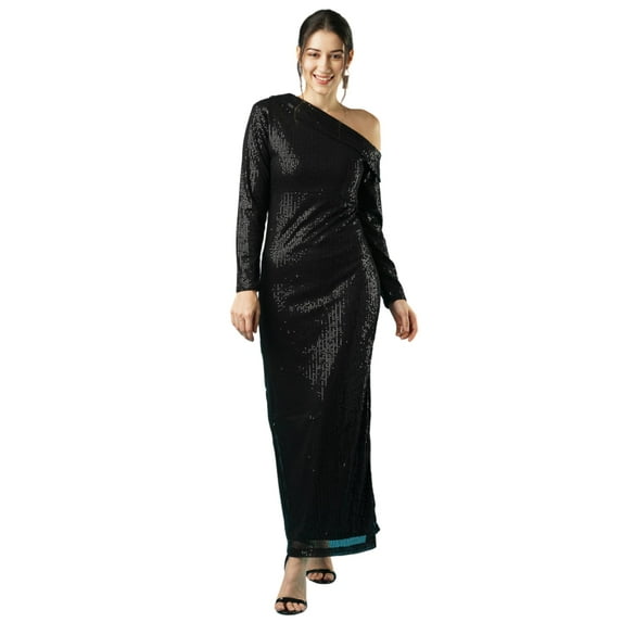 Globus Women Long Sleeves Sequinned Embellished Sheath Net Maxi Dress