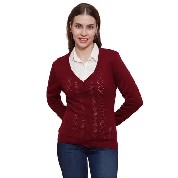 Globus Women Maroon V-Neck Full Sleeves Self Design Ribbed Hem Cardigan Sweater