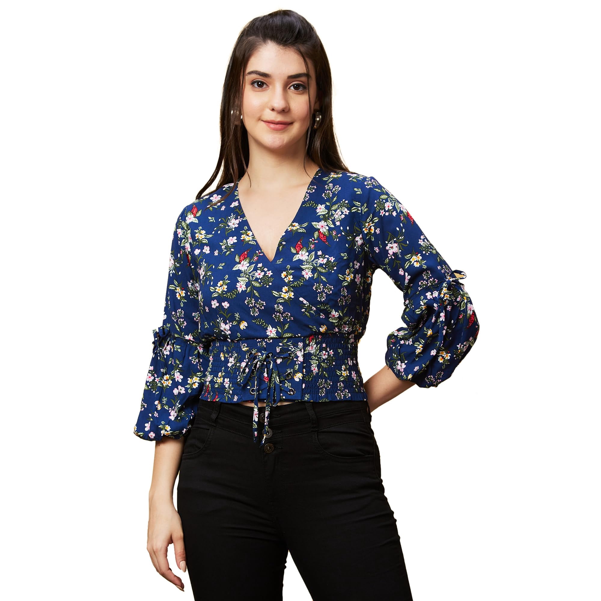 Women's Turquoise Blue Polka Dots Printed Puff Sleeve Smocked Crepe Wrap Crop Top