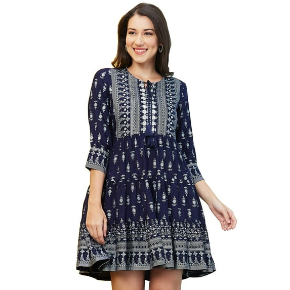 Globus Women Navy Blue Floral Printed Tie-Up Neck Gathered A-Line Dress