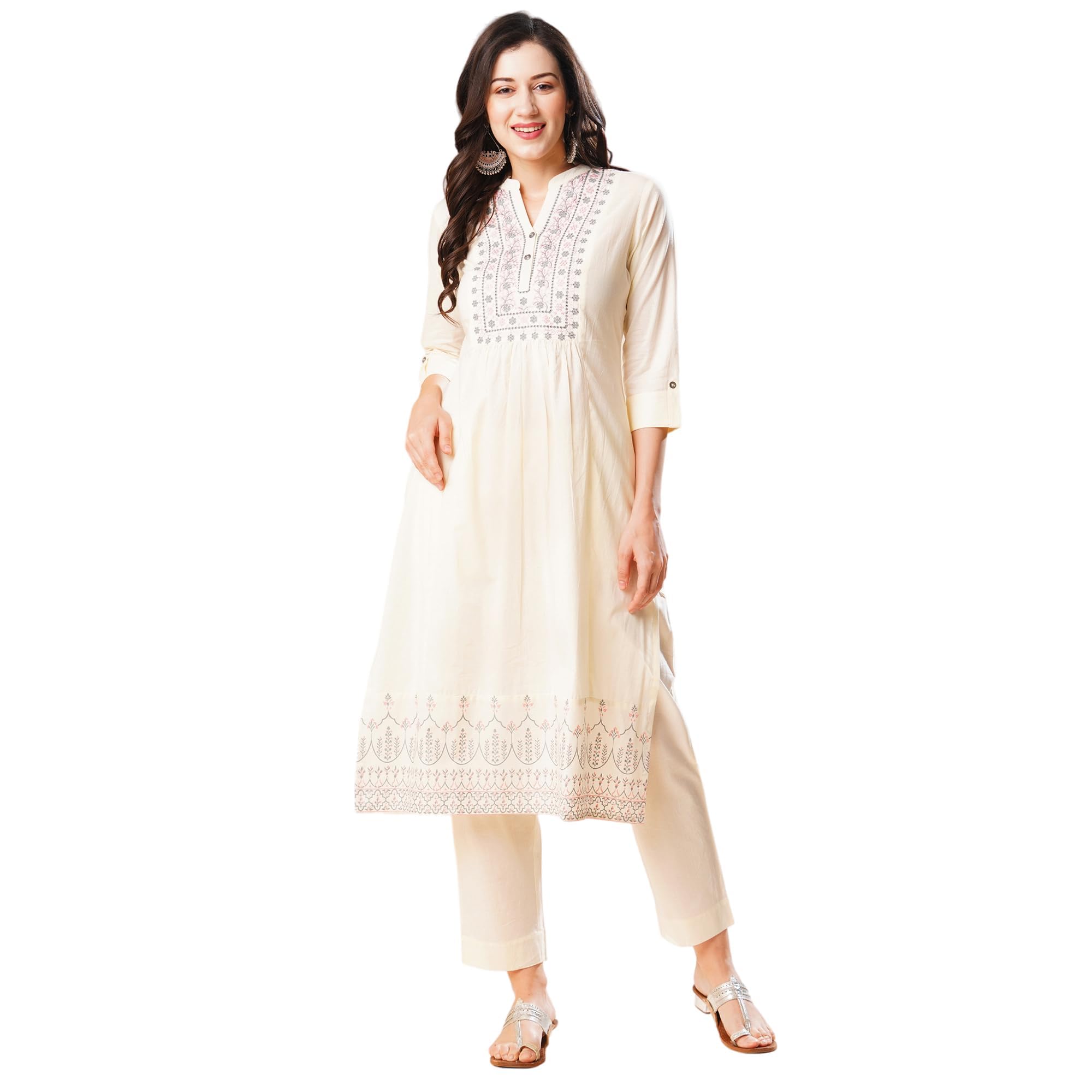 Women's Off White Floral Embroidered Mandarin Collar Mirror Work A-Line Kurta