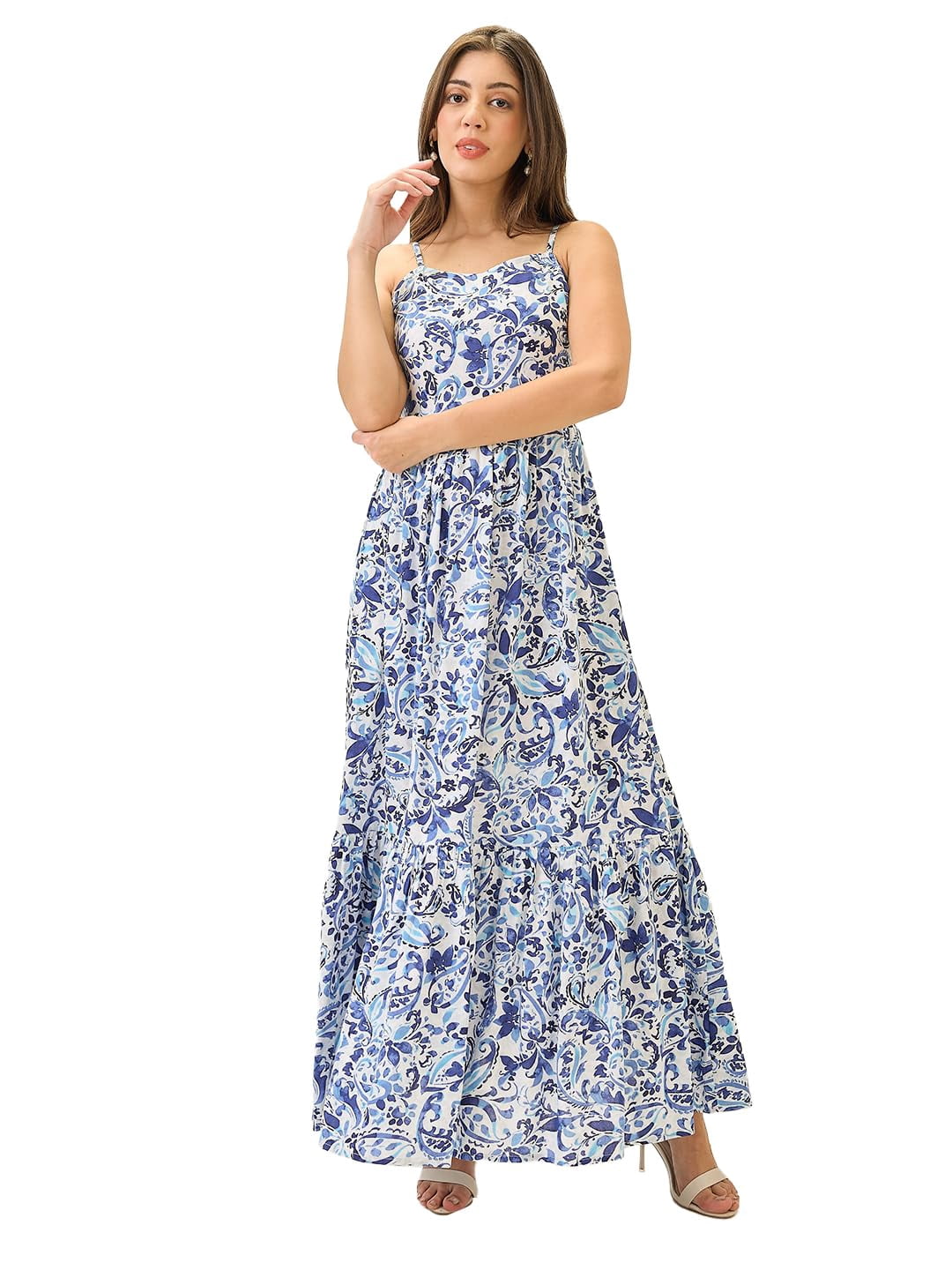 Globus Women Paisley Printed VNeck Strappy Sleeves Tiered Fit & Flare — free download