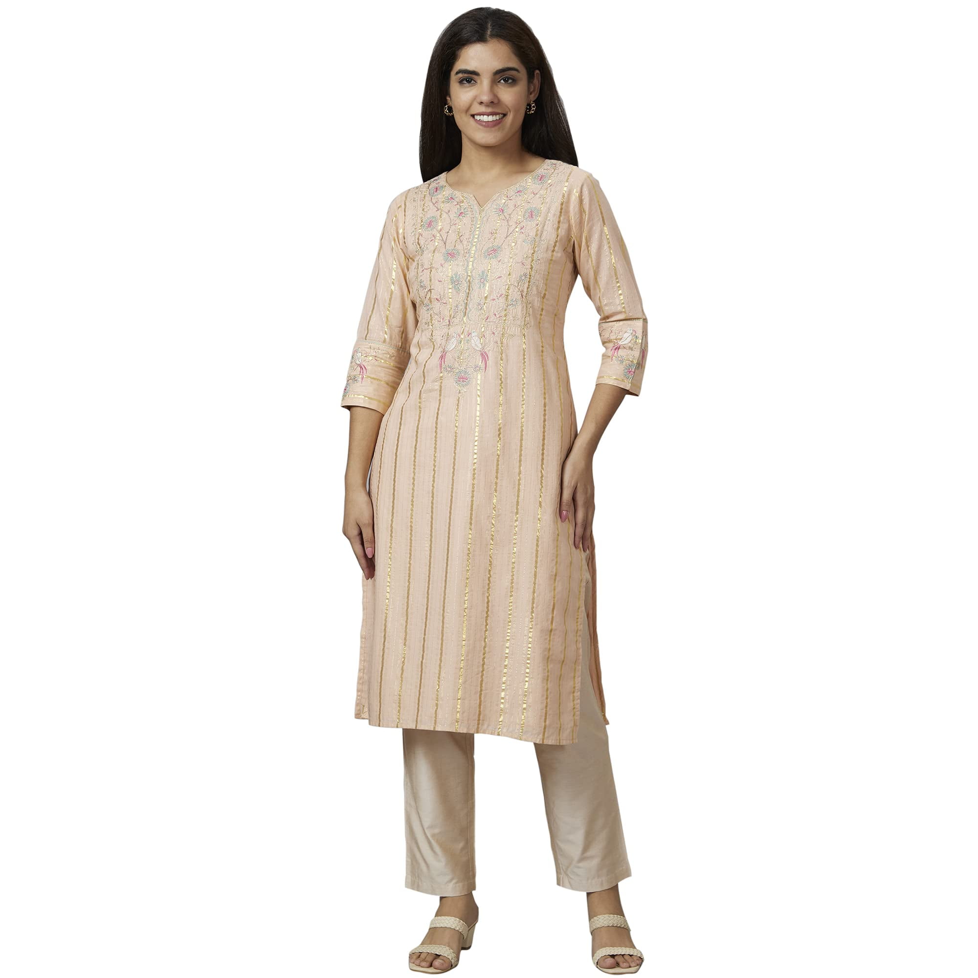 Peach Printed Floral Round Neck 3/4Th Sleeve Straight Kurta With Stripped Pants And Printed Kurta. main image 0