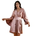 thumbnail image 1 of Globus Women Pink V-Neck Extended Sleeves Satin Wrap Dress, 1 of 5