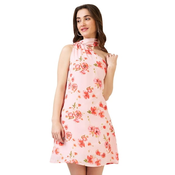Globus Women Scarf Drape Neck One Shoulder Floral Print Mini A-Line Party Dress