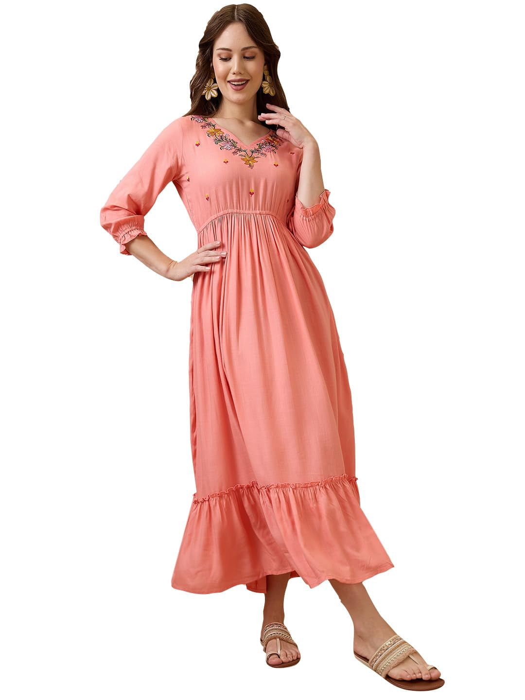 Embroidered Yoke Flared Maxi Dress For Women