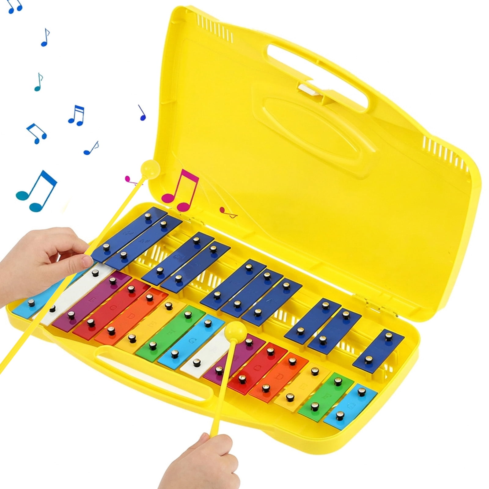 Glockenspiel Xylophone | 25 Note Colorful Metal Keys Xylophone for Kids | Percussion Musical Instrument | Educational Music Toy Includes Music Songbook, Mallets and Blue Carry Case(Yellow)