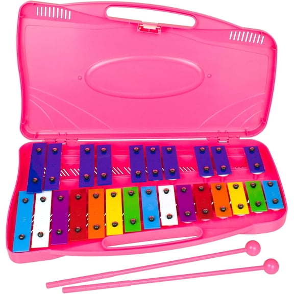 Glockenspiel Xylophone - 25 Notes Colorful Metal Keys with Mallets, Percussion Educational Musical Instrument, Pink