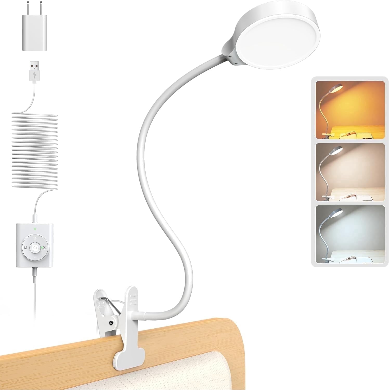 Glocusent 5W Clip on Light, 36LED Eye Caring Reading Light for Bed, 3 Colors & 5 Brightness Clip on Lamp with Adapter, Perfect Reading Light for Bed Lamp/Bunk Bed Light