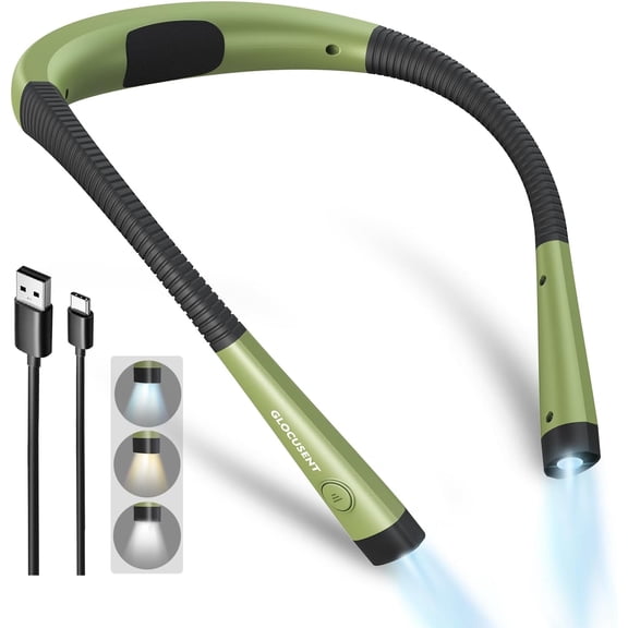 Glocusent LED Neck Book Light for Reading in Bed, Rechargeable Around Neck Reading Light with 3 Amber Colors & 6 Brightness Dimmable, Bendable Arms, Long Lasting Battery Operated, Perfect for Reading