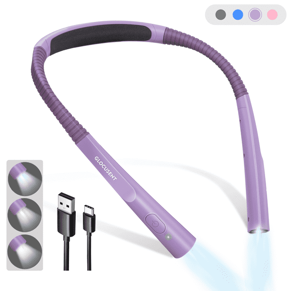 Glocusent Upgraded LED Neck Reading Light, Book Light for Reading in Bed, 30-min Timer, 3 Colors & 3 Brightness Adjustable, Rechargeable & Long Lasting, Perfect for Reading, Knitting & Repairing