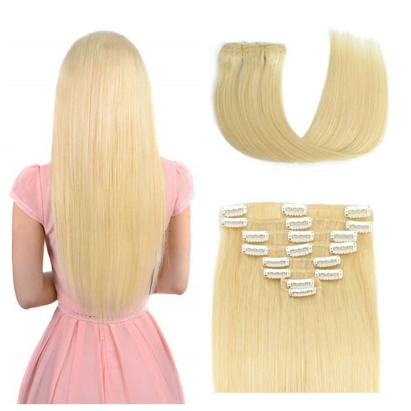 Glod Blonde Straight Clip In Hair Extensions Human Hair 8pcs/set 80-100g Per Set With 18Clips Double Weft Clip In Human Hair Extensions 613# Glod Blonde Color For Women Easy Damage-Free Removal