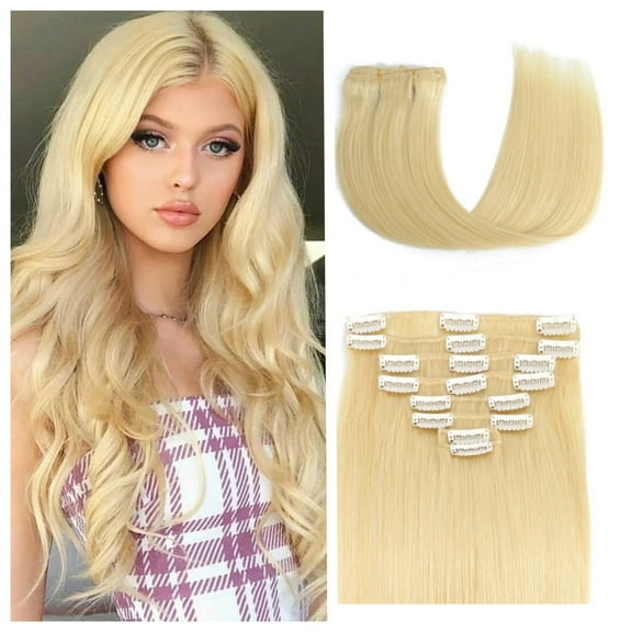 Glod Blonde Straight Clip In Hair Extensions Human Hair 8pcs/set 80-100g Per Set With 18Clips Double Weft Clip In Human Hair Extensions 613# Glod Blonde Color For Women Easy Damage-Free Removal