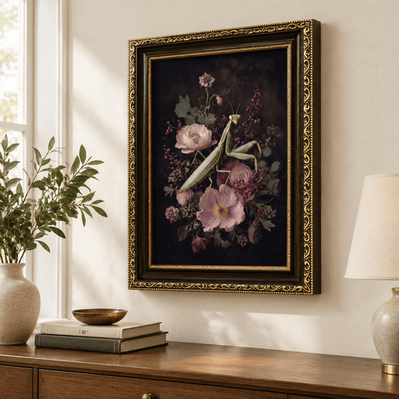Glod Frame D Mantis Flwall Art Green Praying On Pink Flowerting Canvas Prints Dark Academia ...