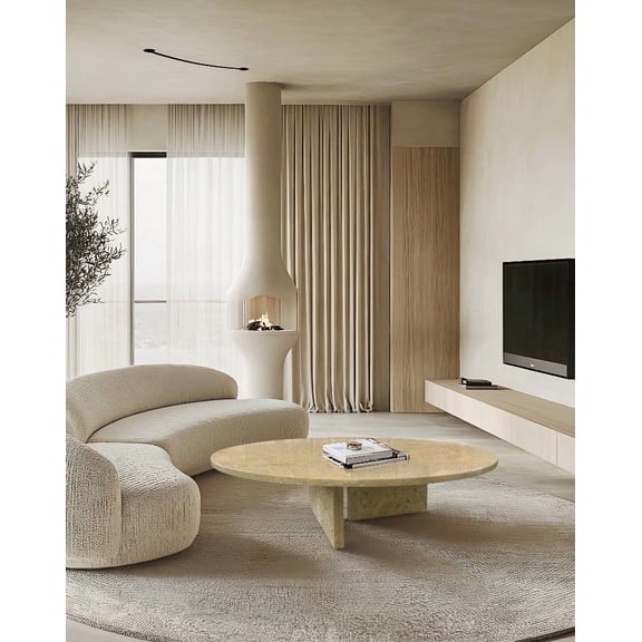 Glod Yellow Beige Natural Marble Living Room Coffee Table, 90 h25 cm/35.4 h9.8 Inch, Luxury Design with Digital Guide