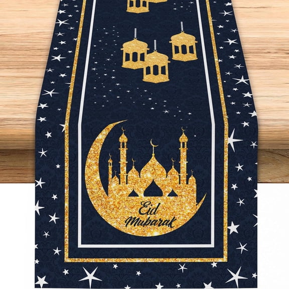 Gloden Moon Star Ramadan Table Runner, Seasonal Spring Summer Holiday Kitchen Dining Table Decoration for Home Party Decor 13x72 Inch