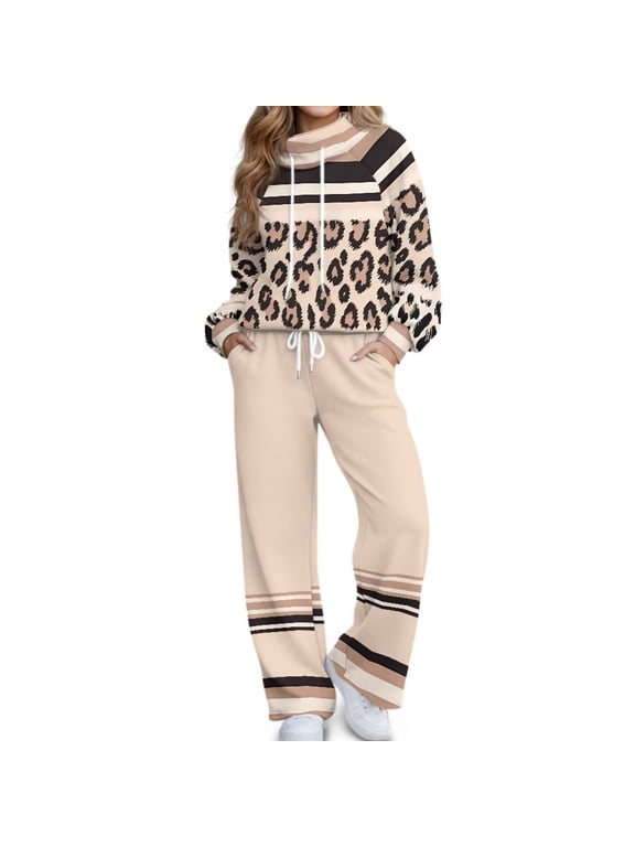 2 Piece Lounge Sets for Women, Matching Sweatsuits Casual Outfits Oversized Tops & Baggy Wide Leg Sweatpants, Casual Sweat Set, Workout Tracksuit,Airport Travel Outfits,Leopard Stripe Apparel