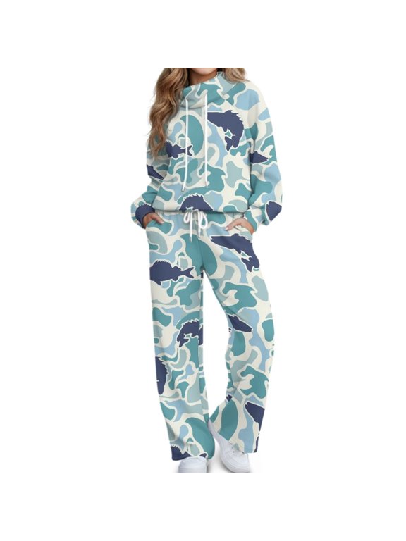 2 Piece Lounge Sets for Women, Matching Sweatsuits Casual Outfits Oversized Tops & Baggy Wide Leg Sweatpants, Casual Sweat Set, Workout Tracksuit, Airport Travel Outfits, Fish Camo Apparel