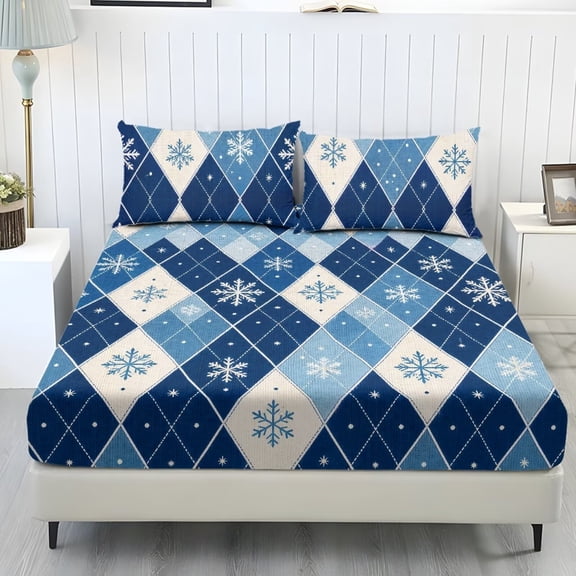 Glofpot 3 Piece Fitted Sheet Set With 2 Pillowcases For Bedroom Blue White Argyle Diamond Lattice Snowflake Geometric Christmas Holiday Print