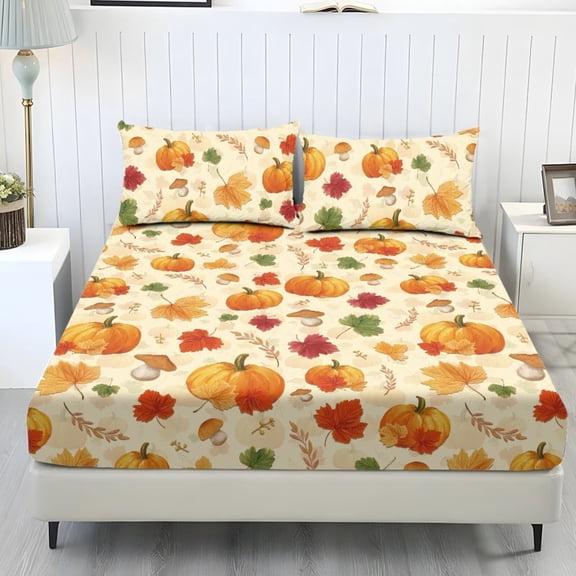 Glofpot 3 Piece Fitted Sheet Set With 2 Pillowcases For Bedroom Cream Base Pumpkin Mushroom Maple Leaf Fall Season Print