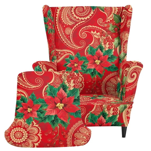 Glofpot Anti‑Scratch Wingback Chair Cover Elastic Furniture Shield Wrinkle‑Proof Chair Protector Poinsettia Paisley Berry Vintage Christmas Pattern For Wingback Chair