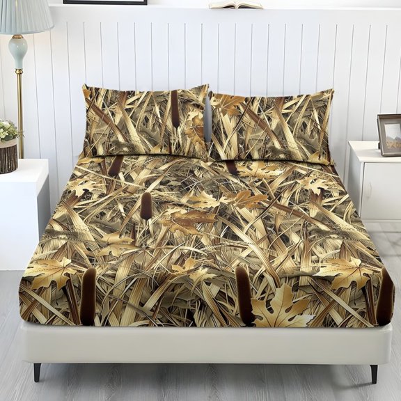 Glofpot Bed Linens, Soft Fitted Sheet Set Wrinkle Resistant Deep Pocket All Around Elastic Machine Washable Fitted Sheet Set, Reed Camo