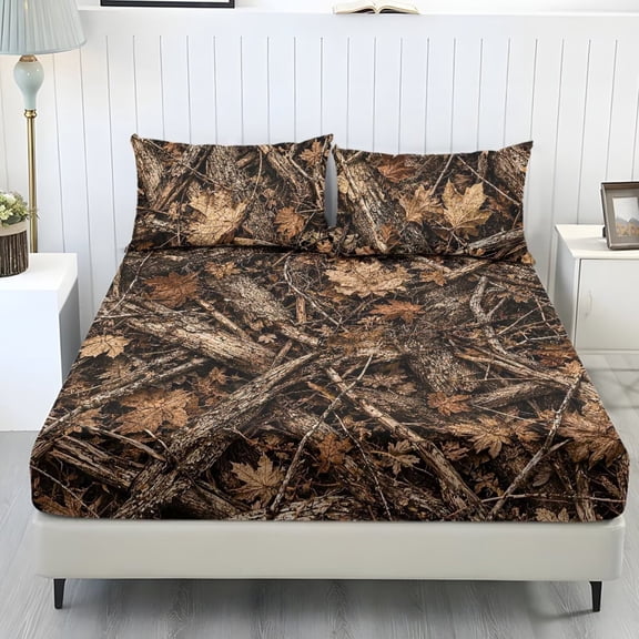 Glofpot Bed Sheets Set, Soft Fitted Sheet Set Wrinkle Resistant Lightweight Comfortable Guest Room Fitted Sheet Set, Branch Camo