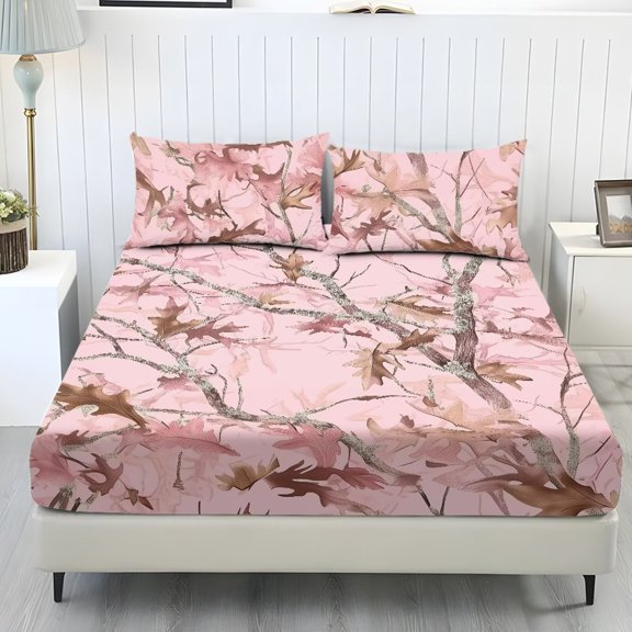 Glofpot Bedding Set, Soft Fitted Sheet Set Wrinkle Free Cozy Stretchy Fabric Bedroom Bedding Fitted Sheet Set, Pink Leaf Camo