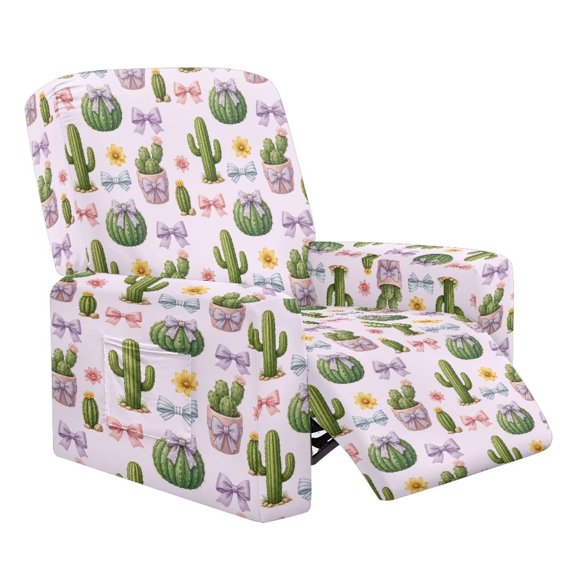Glofpot Durable Recliner Chair Protector With Side Pocket Stretch Sofa Slipcover Wear‑Proof Furniture Guard Lovely Bow Decor Cactus Flower Plant Pattern For Recliner Chair