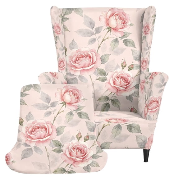 Glofpot Durable Wingback Chair Sofa Slipcover Removable Elastic Furniture Guard Soft Pink Watercolor Rose Botanical Print For Wingback Chair