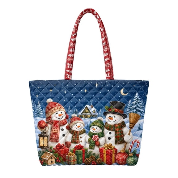 Glofpot Everyday Tote Bag, Multi Pocket Quilted Tote Bag, Zipper Closure Quilted Tote Bag, Oversized Quilted Shoulder Tote Bag, Quilted Tote Bag For Work Travel, Snowman Family