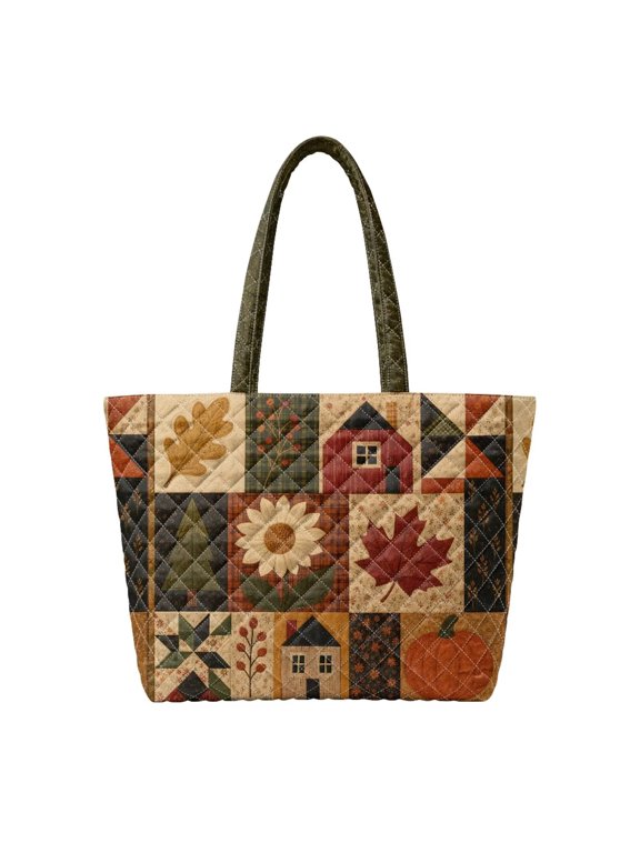 Fall Quilted Shoulder Tote Bag, Large Zipper Tote Bag With Multi Pocket, Quilted Tote For Laptop Work Travel, Autumn Patchwork Pumpkin Maple Leaf Print