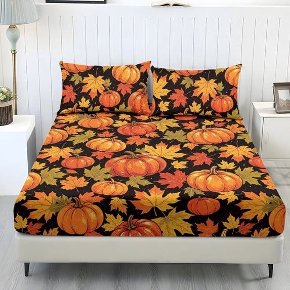 Glofpot Fitted Sheet 3 Piece Bedding Set Includes Two Pillowcases Holiday Bedroom Decor Black Background Pumpkin And Maple Leaf Autumn Print