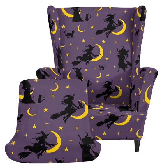 Glofpot Flexible Wingback Chair Slipcover Machine Washable Furniture Protector Dirt‑Proof Chair Guard Witch Cat Moon Star Spooky Halloween For Wingback Chair