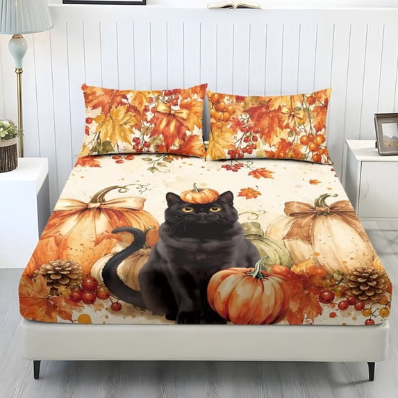 Glofpot Holiday 3 Piece Fitted Sheet Bedding Set For Home Decoration Watercolor Black Cat Pumpkin Maple Leaf Berry Pinecone Fall Print