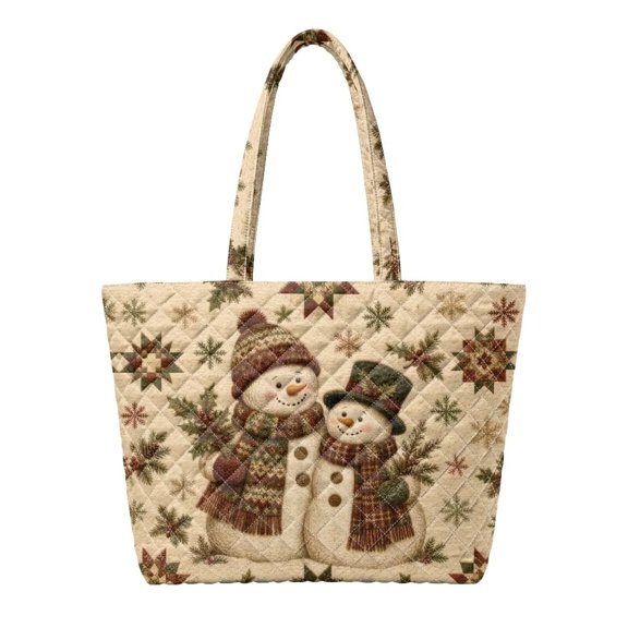 Glofpot Large Tote Bag, Oversized Quilted Shoulder Tote Bag, Quilted Tote Bag For Work Travel, Zipper Closure Quilted Tote Bag, Multi Pocket Quilted Tote Bag, Snowman Pair