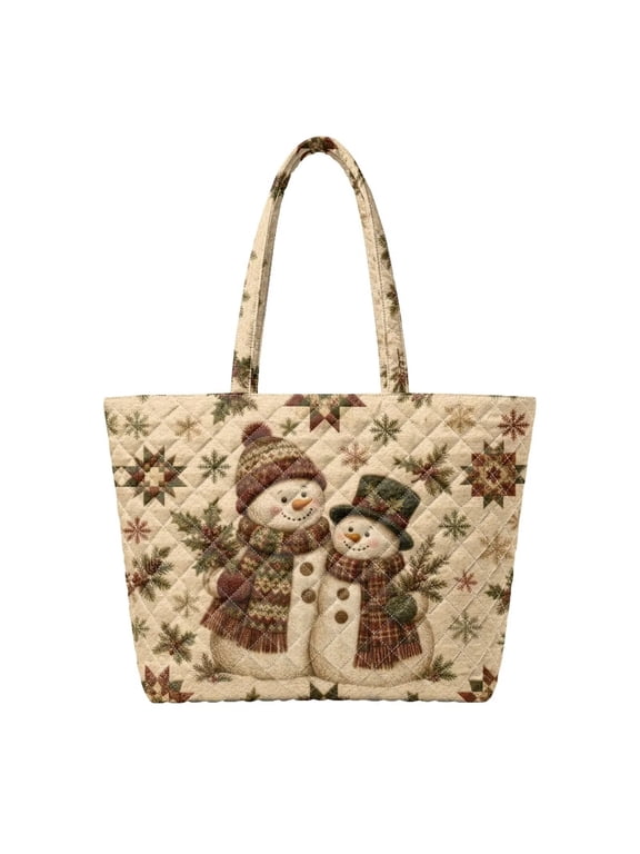 Large Tote Bag, Oversized Quilted Shoulder Tote Bag, Quilted Tote Bag For Work Travel, Zipper Closure Quilted Tote Bag, Multi Pocket Quilted Tote Bag, Snowman Pair