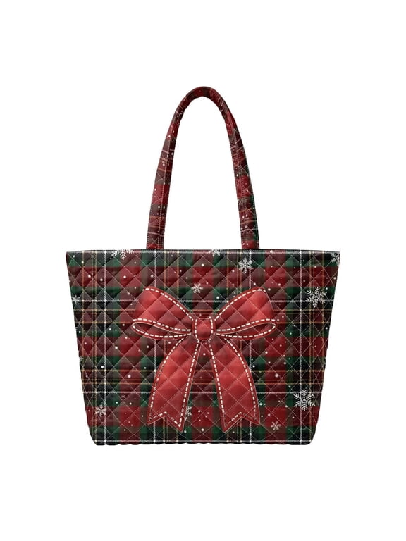 Large Tote Bag, Oversized Quilted Shoulder Tote Bag, Quilted Tote Bag For Work Travel, Zipper Closure Quilted Tote Bag, Multi Pocket Quilted Tote Bag, Plaid Bow