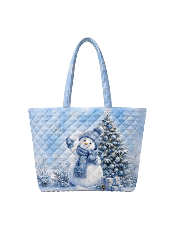 Quilted Tote Bag, Womens Large Shoulder Tote Bag With Zipper, Multi Pocket Quilted Tote Bag For Work Laptop Travel, Blue Snowman Christmas Tree Winter Pattern
