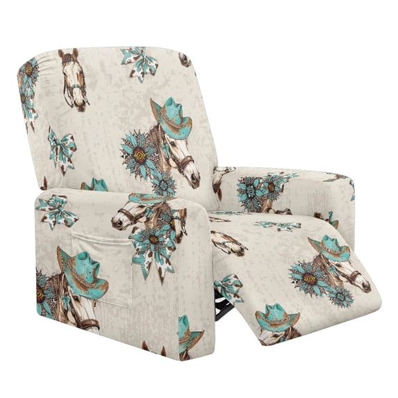 Glofpot Stretch Fit Recliner Chair Slipcover With Side Pocket Wrinkle‑Resistant Furniture Protector Practical Sofa Guard Western Cowboy Horse Turquoise Hat Flower Retro Art For Recliner Chair